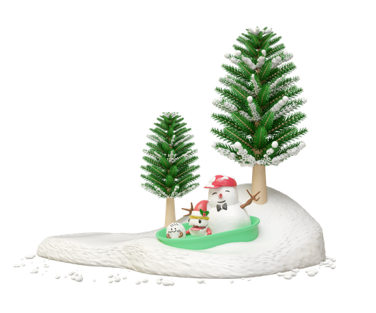 Snowman And Cute Monster Friends  3D Illustration