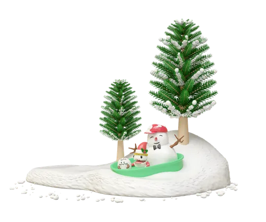 Snowman And Cute Monster Friends  3D Illustration