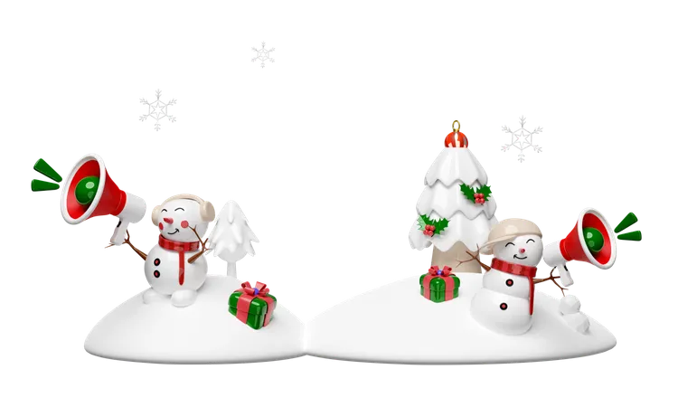3 D Snowman And Friend Holds Megaphone On Snow Hill With Pine Tree Gift Box Snowflake Online Shopping Sale Merry Christmas And Happy New Year 3 D Render Illustration 3D Illustration