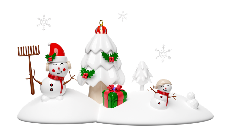 Snowman And Friend On Snow Hill  3D Illustration