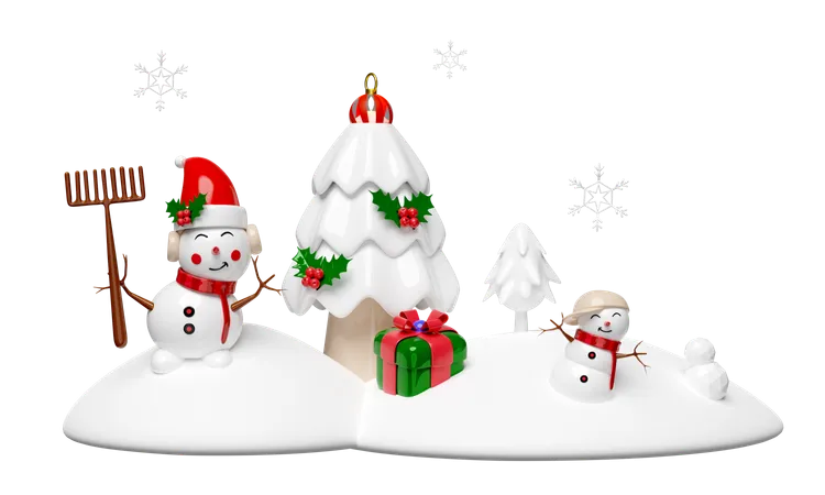 3 D Snowman And Friend On Snow Hill With Pine Tree Gift Box Snowflake Isolated Merry Christmas And Happy New Year 3 D Render Illustration 3D Illustration
