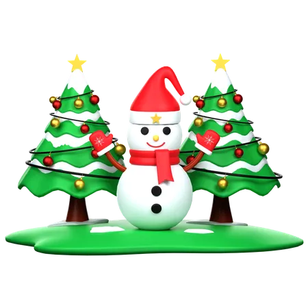 Snowman And Pine Tree 3 D Icon Illustration 3D Icon