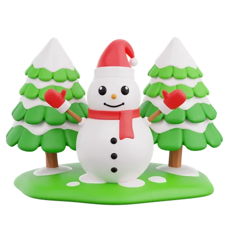 Snowman And Pine Tree  3D Icon