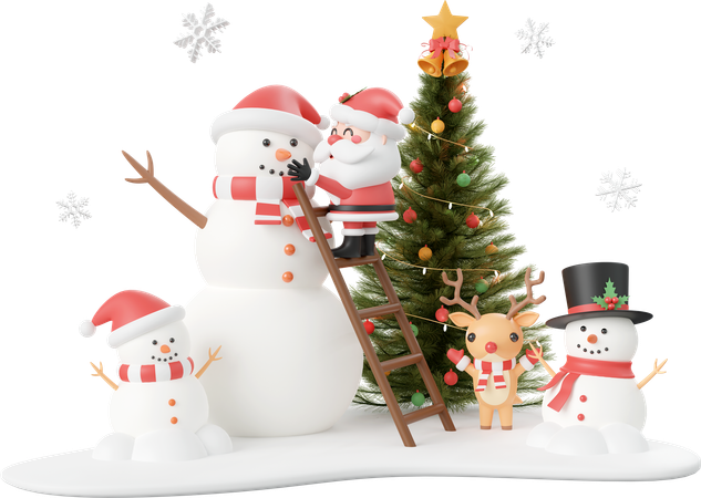 Snowman And Reindeer With Christmas Tree  3D Icon