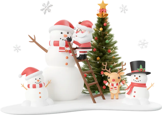 Santa Claus Snowman And Reindeer With Christmas Tree Christmas Theme Elements 3 D Illustration 3D Icon