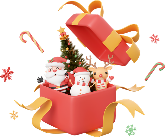 Snowman And Reindeer With Christmas Tree In Opened Gift Box  3D Icon