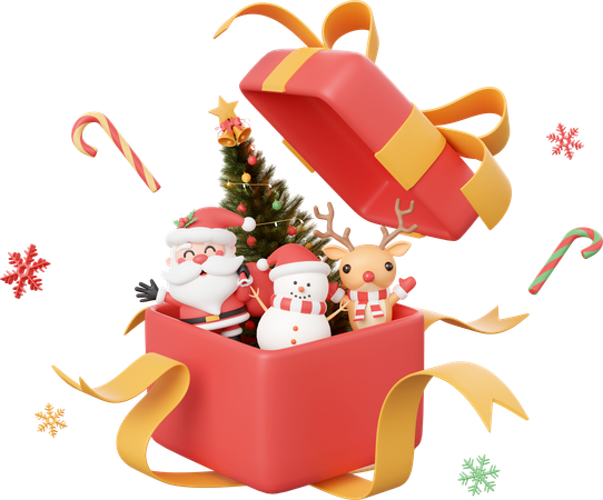 Snowman And Reindeer With Christmas Tree In Opened Gift Box  3D Icon