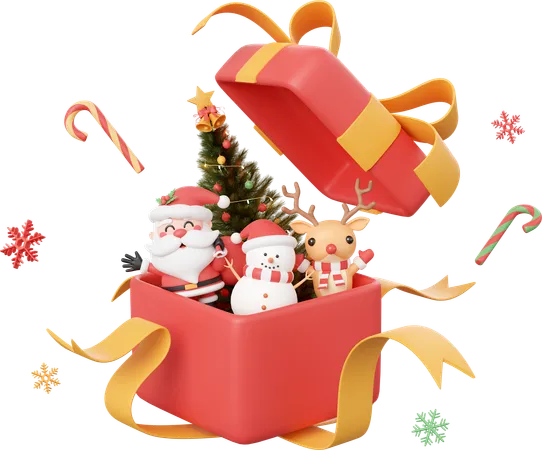 Santa Claus Snowman And Reindeer With Christmas Tree In Opened Gift Box Christmas Theme Elements 3 D Illustration 3D Icon