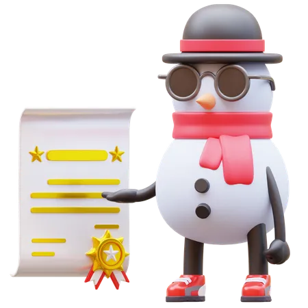 Snowman Character Get Certificate  3D Illustration