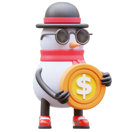 Snowman Character Holding Coin  3D Illustration