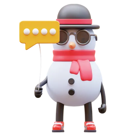 Snowman Character Holding Communication Balloon  3D Illustration