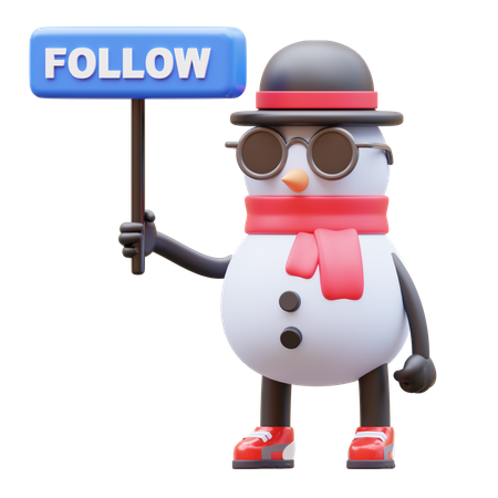 Snowman Character Holding Follow Sign  3D Illustration