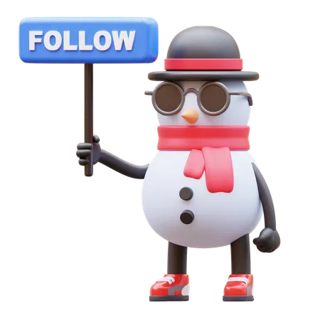 Snowman Character Holding Follow Sign  3D Illustration