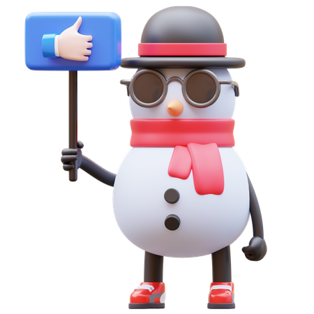 Snowman Character Holding Like Sign  3D Illustration