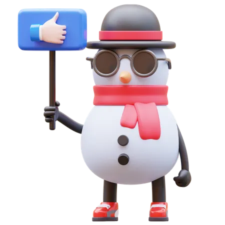 Snowman Character Holding Like Sign  3D Illustration