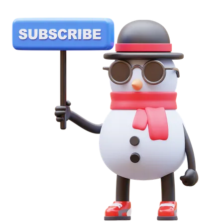 Snowman Character Holding Subscribe Sign  3D Illustration