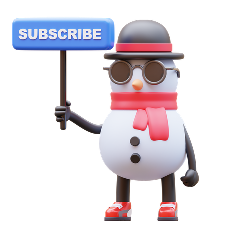 Snowman Character Holding Subscribe Sign  3D Illustration