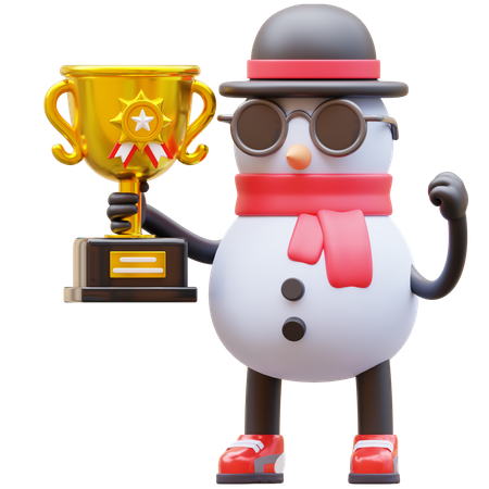Snowman Character Holding Trophy  3D Illustration