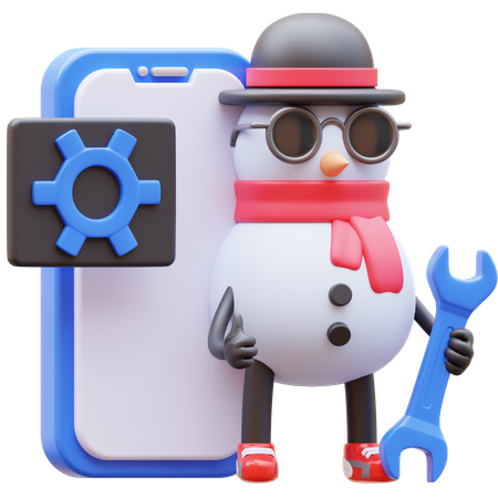 Snowman Character Maintenance Mobile Application  3D Illustration