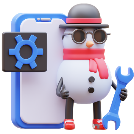 Snowman Character Maintenance Mobile Application  3D Illustration