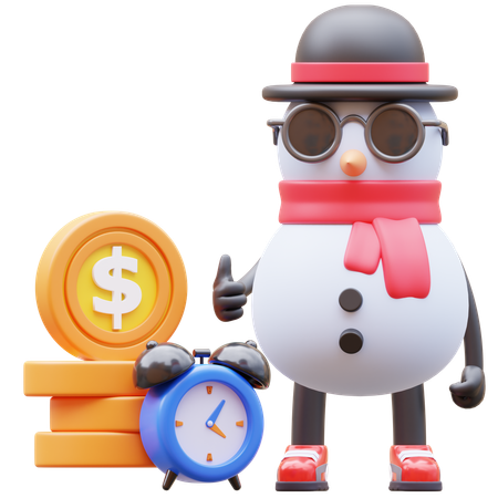 Snowman Character Time Is Money  3D Illustration