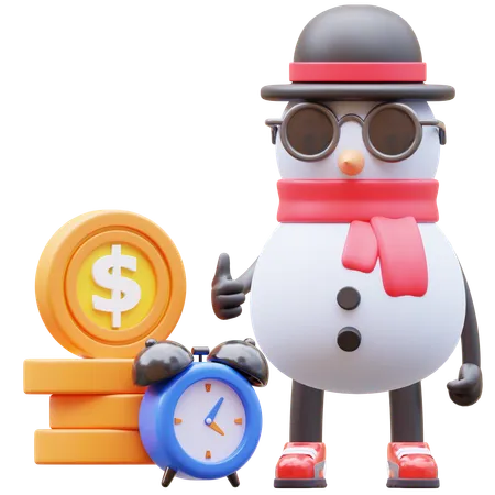 Snowman Character Time Is Money 3D Illustration