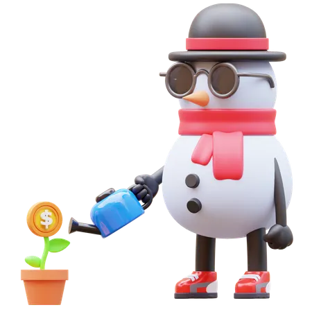 Snowman Character Watering Money Plant For Investment  3D Illustration