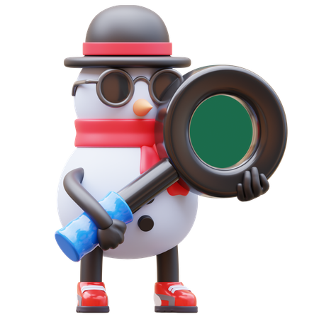 Snowman Character With Magnifying Glass  3D Illustration