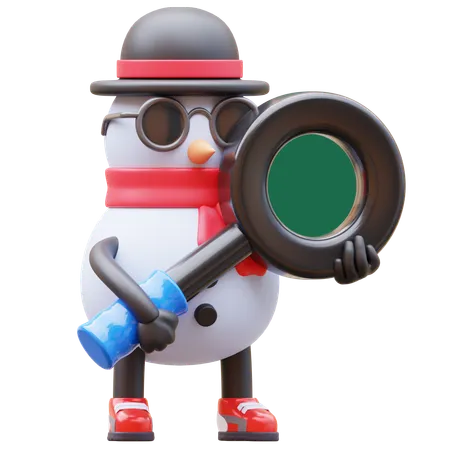 Snowman Character With Magnifying Glass 3D Illustration