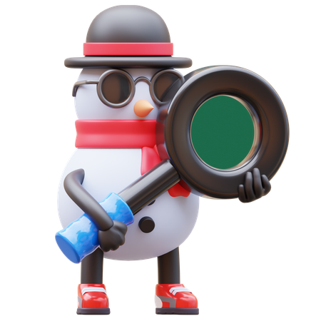 Snowman Character With Magnifying Glass  3D Illustration