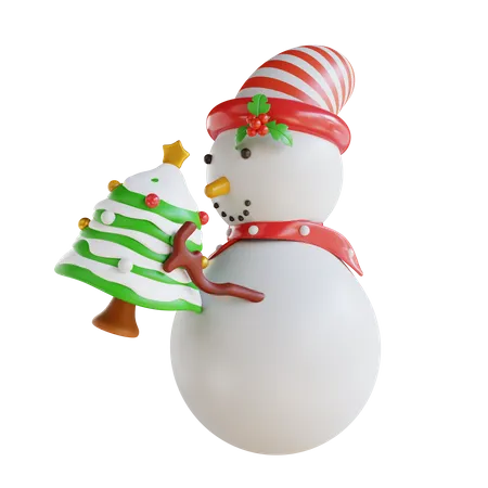 Snowman Holding Christmas Tree 3D Illustration