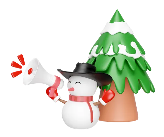 3 D Snowman Holds Megaphone With Cowboy Hat Warm Mittens Scarf Christmas Tree Isolated Online Shopping Sale Merry Christmas And Festive New Year 3 D Render Illustration 3D Icon