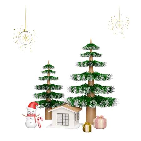 Snowman is standing near christmas tree  3D Illustration