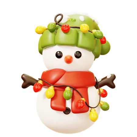 Cute Cartoon 3 D Snowman Character With Red Scarf And Knitting Hat And Christmas Light Decoration For Christmas Happy New Year Decoration Merry Christmas Holiday New Year And Xmas Celebration 3D Icon