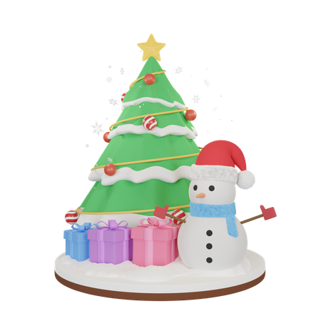 Snowman With Christmas Tree 3D Illustration