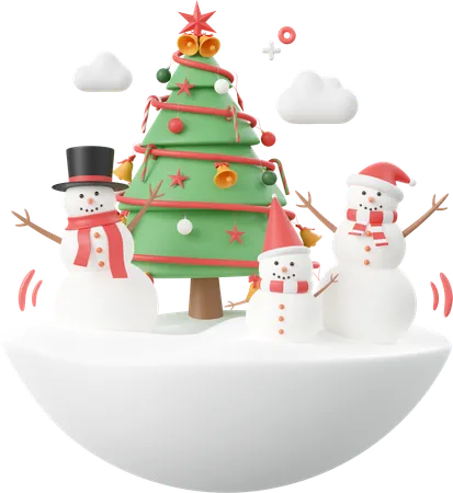 White Cute Snowman With Christmas Tree Christmas Theme Elements 3 D Illustration 3D Icon