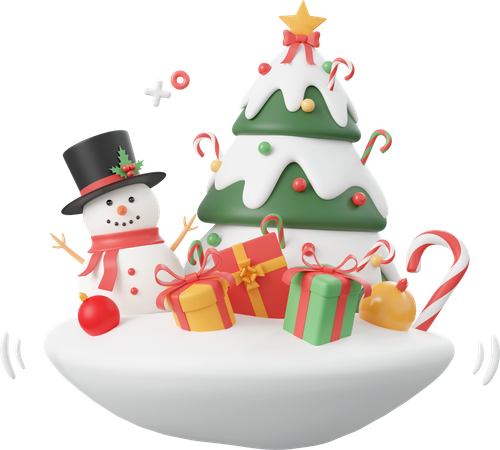 Snowman With Christmas Tree And Gift Box  3D Icon