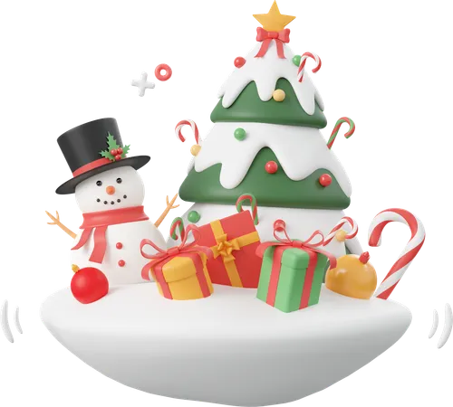 Snowman With Christmas Tree And Gift Box  3D Icon
