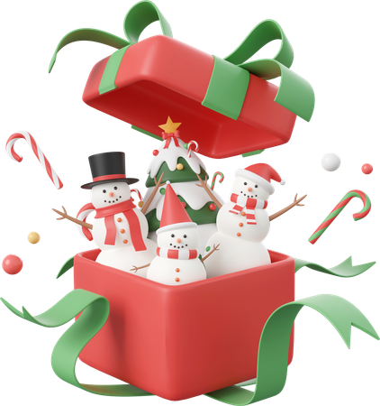 Snowman With Decorations In Opened Gift Box  3D Icon