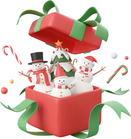 Snowman With Decorations In Opened Gift Box  3D Icon