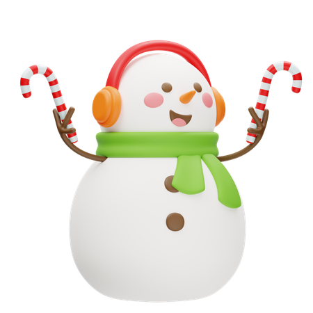 Snowman With Earphones And Candy Cane  3D Icon