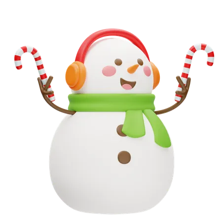 Snowman With Earphones And Candy Cane  3D Icon