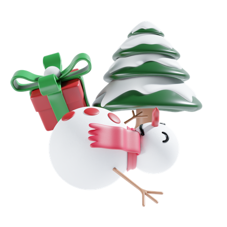 Snowman With Gift And Tree  3D Icon
