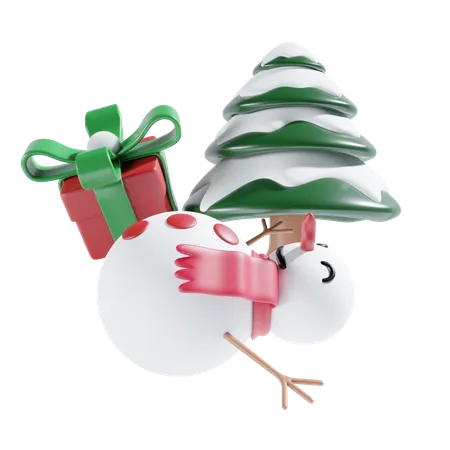 Snowman With Gift And Tree  3D Icon