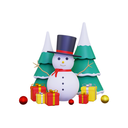 Snowman with gift box  3D Illustration