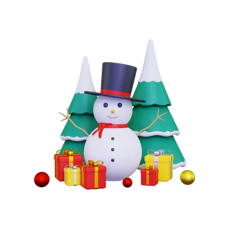 Snowman with gift box  3D Illustration