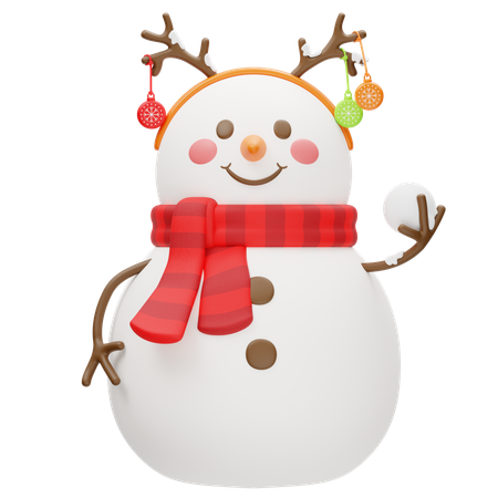 Snowman With Reindeer Headband Holding Snowball  3D Icon