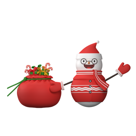 Snowman with santa claus gift bag  3D Illustration