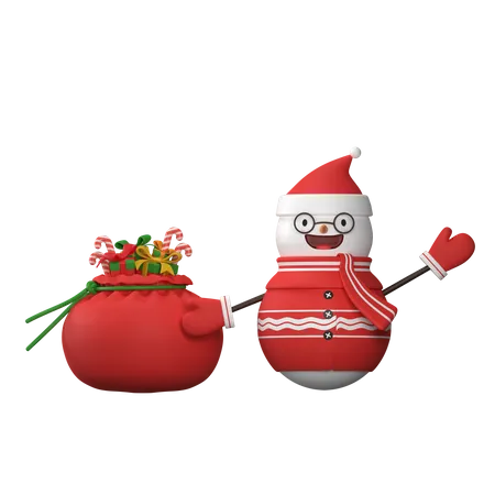 Snowman with santa claus gift bag  3D Illustration