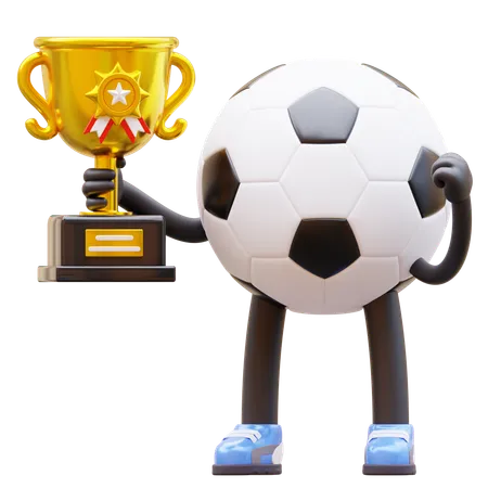 Soccer Ball Character Holding Trophy  3D Illustration